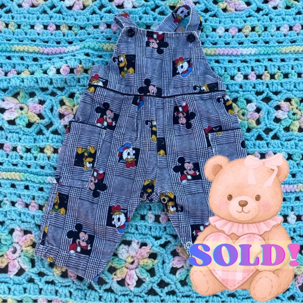 Sold for 20 - Vintage Disney Mickey Mouse baby Overalls with Mickey Donald